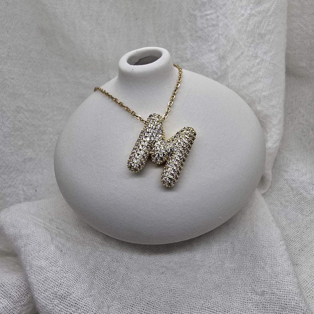 Gold Pavé Crystal 'M' Initial Necklace